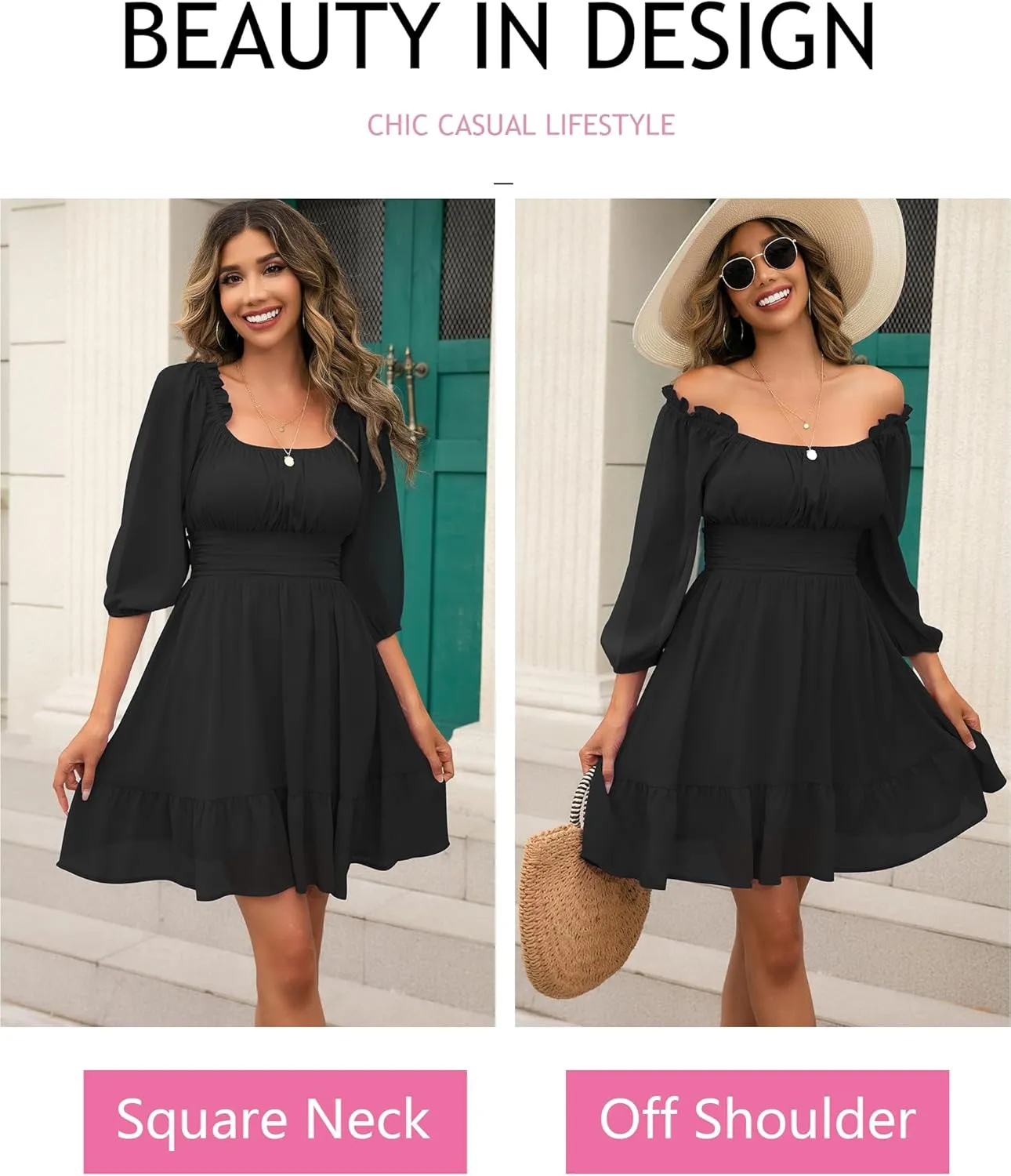 Phortric Womens Summer Tie Back Dress Square Neck Lantern Sleeve Off Shoulder A-Line Casual Mini Dresses