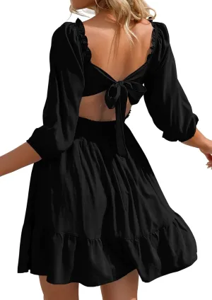 Phortric Womens Summer Tie Back Dress Square Neck Lantern Sleeve Off Shoulder A-Line Casual Mini Dresses