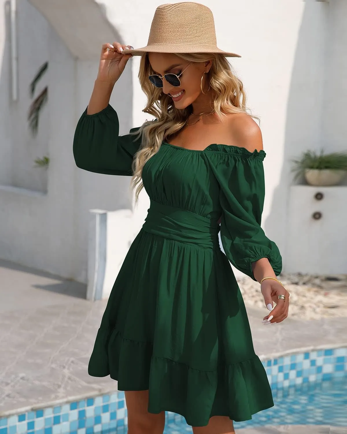Phortric Womens Summer Tie Back Dress Square Neck Lantern Sleeve Off Shoulder A-Line Casual Mini Dresses