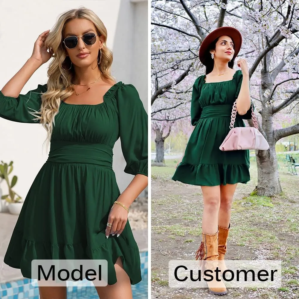 Phortric Womens Summer Tie Back Dress Square Neck Lantern Sleeve Off Shoulder A-Line Casual Mini Dresses