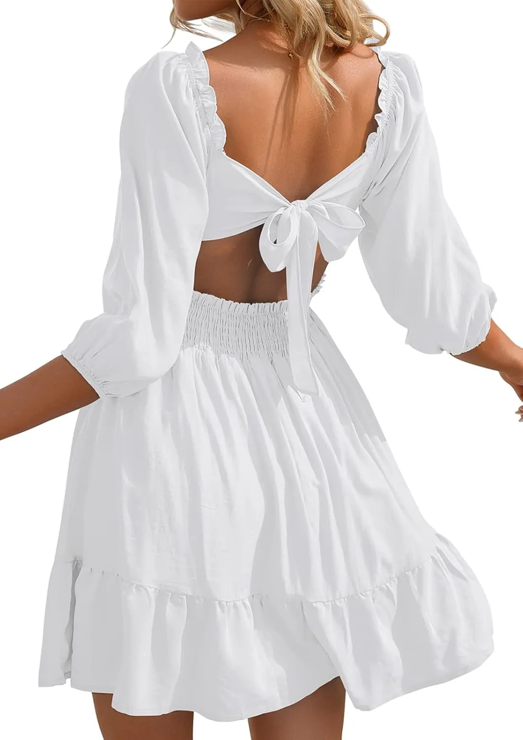 Phortric Womens Summer Tie Back Dress Square Neck Lantern Sleeve Off Shoulder A-Line Casual Mini Dresses