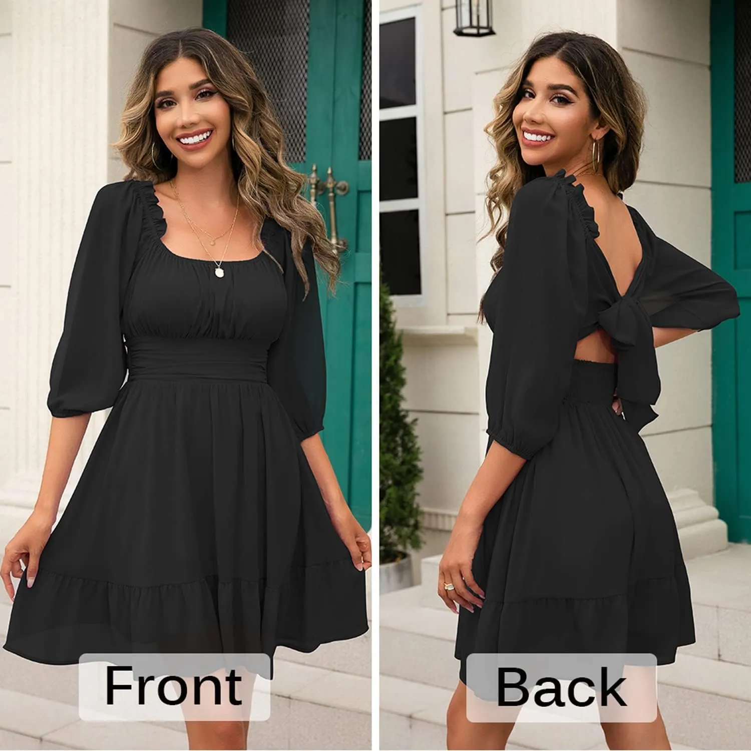 Phortric Womens Summer Tie Back Dress Square Neck Lantern Sleeve Off Shoulder A-Line Casual Mini Dresses