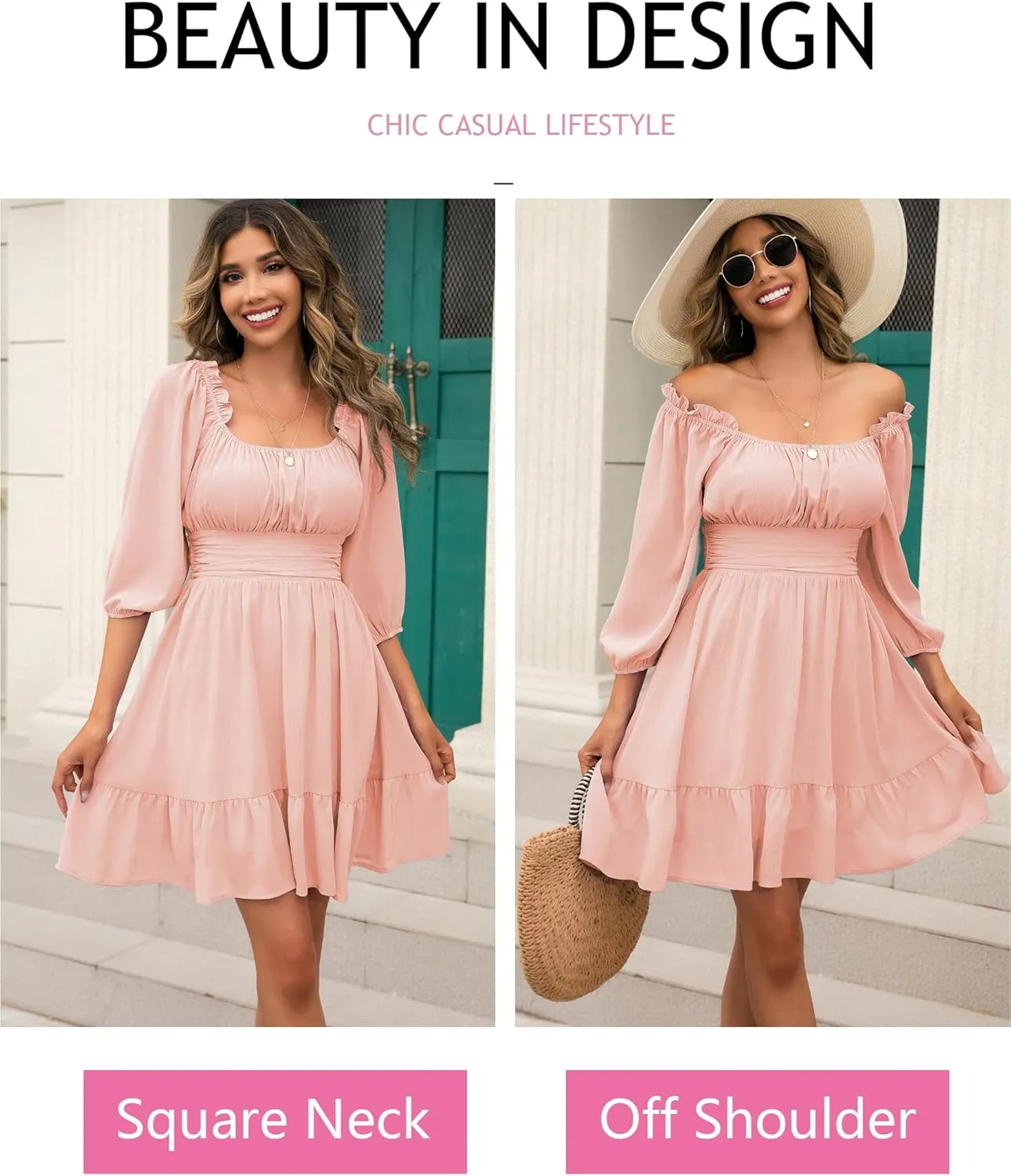 Phortric Womens Summer Tie Back Dress Square Neck Lantern Sleeve Off Shoulder A-Line Casual Mini Dresses