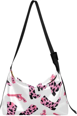 Pink Cowboy Boots with Cow Print Hobo Crossbody Bags for Women Leather Large Shoulder Bag Cross Body Cowgirl Trendy Womens Tote Bags Handbag for Travel Shopping