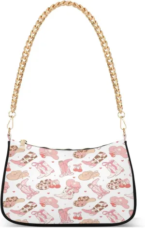 Pink Cowgirl Boots Bows Hat Womens Shoulder Bag for Women Girls Hobo Tote Handbag Gold Chain Crossbody Bag with Zipper Clutch Purse Handbags