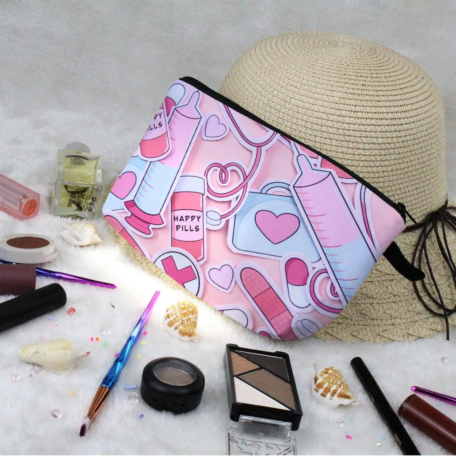 Pink Nurse Present Medical Supplies Makeup Bag Small Organizer Zipper Pouch Birthday Happy Pills Graduation Present Cosmetic Bag for Nurses Doctors Women