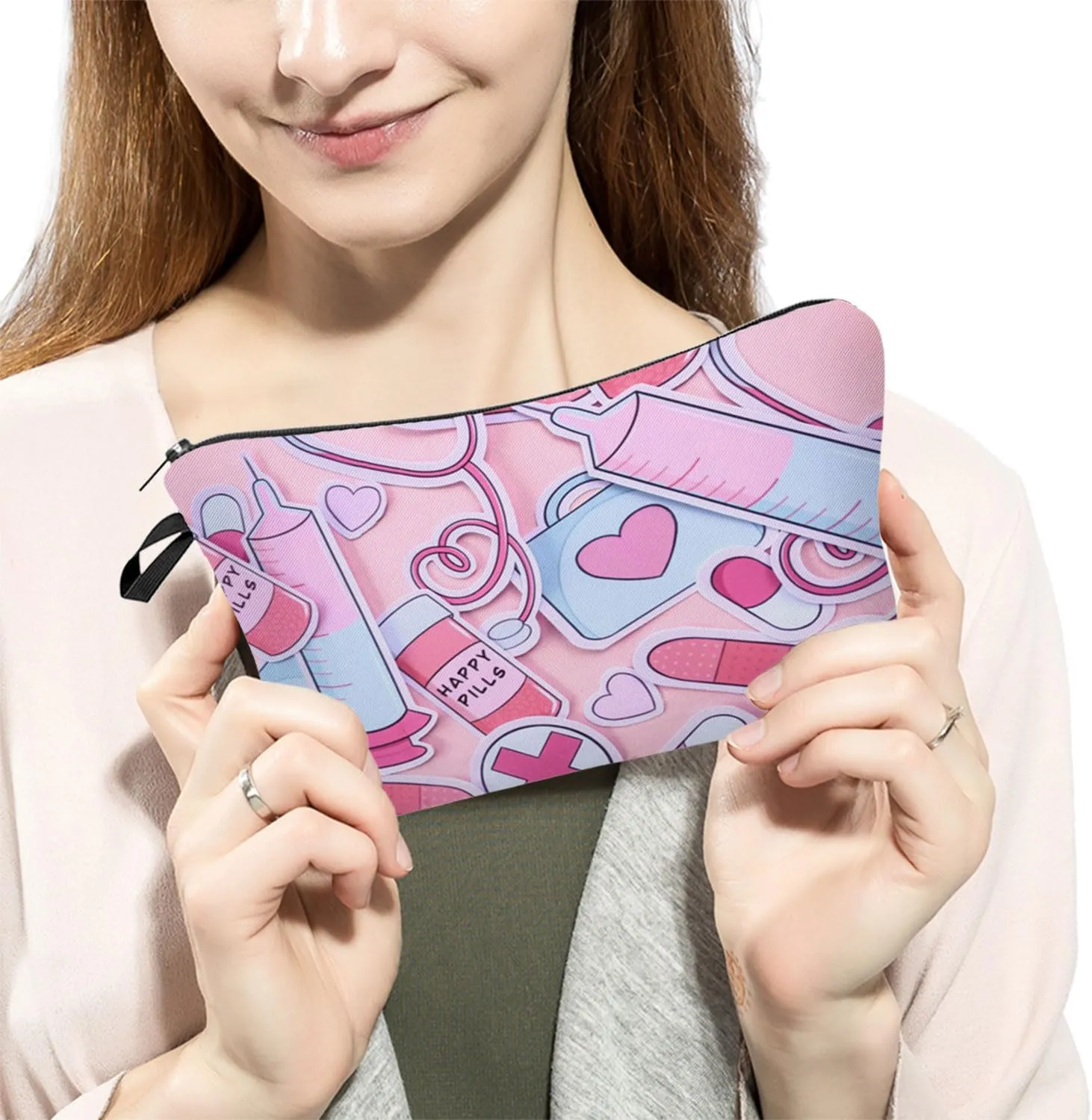 Pink Nurse Present Medical Supplies Makeup Bag Small Organizer Zipper Pouch Birthday Happy Pills Graduation Present Cosmetic Bag for Nurses Doctors Women
