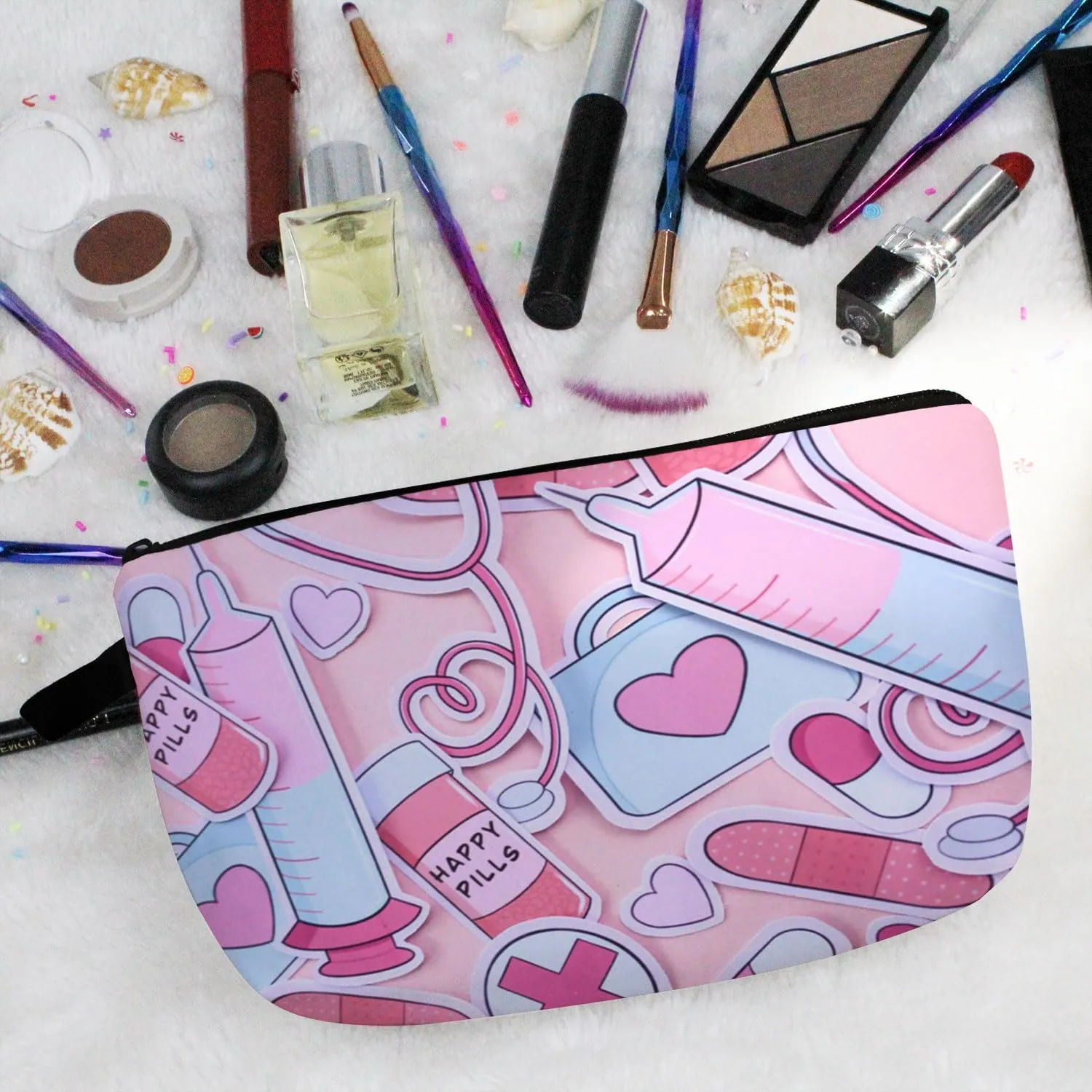 Pink Nurse Present Medical Supplies Makeup Bag Small Organizer Zipper Pouch Birthday Happy Pills Graduation Present Cosmetic Bag for Nurses Doctors Women