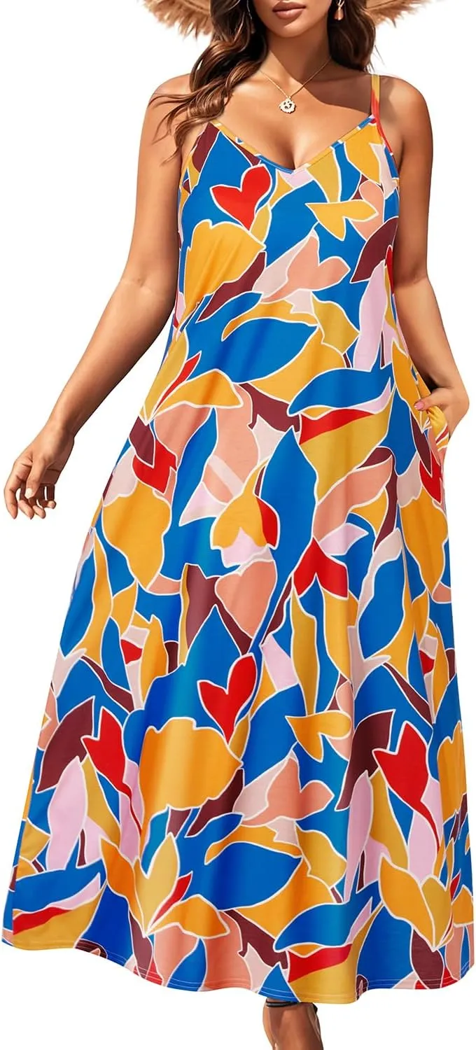 Pinup Fashion Women's Summer Maxi Dress Plus Size Sleeveless Spaghetti Strap Beach Long Dresses