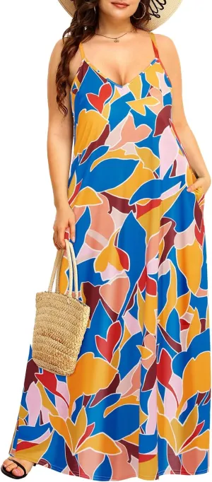 Pinup Fashion Women's Summer Maxi Dress Plus Size Sleeveless Spaghetti Strap Beach Long Dresses