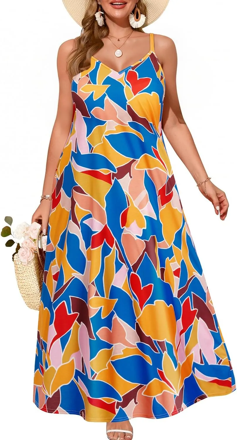 Pinup Fashion Women's Summer Maxi Dress Plus Size Sleeveless Spaghetti Strap Beach Long Dresses