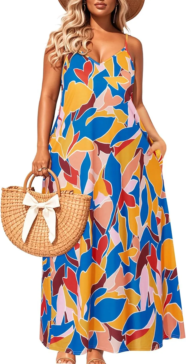 Pinup Fashion Women's Summer Maxi Dress Plus Size Sleeveless Spaghetti Strap Beach Long Dresses