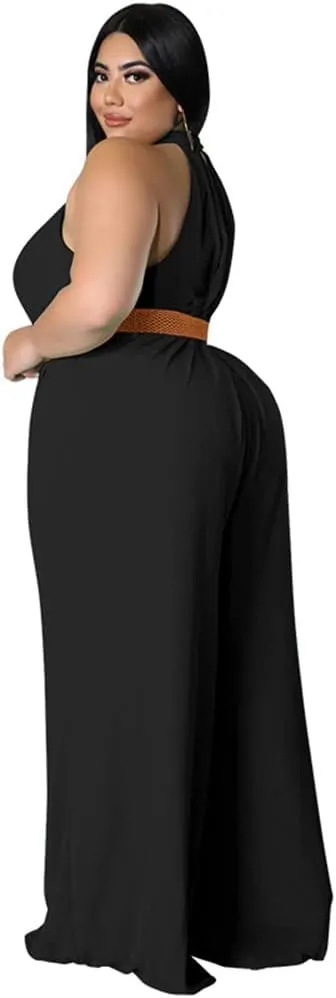 Plus Size Jumpsuits for Women Sexy Summer Elegant Solid Halter Neck Wide Leg Pants Long Rompers no Belt