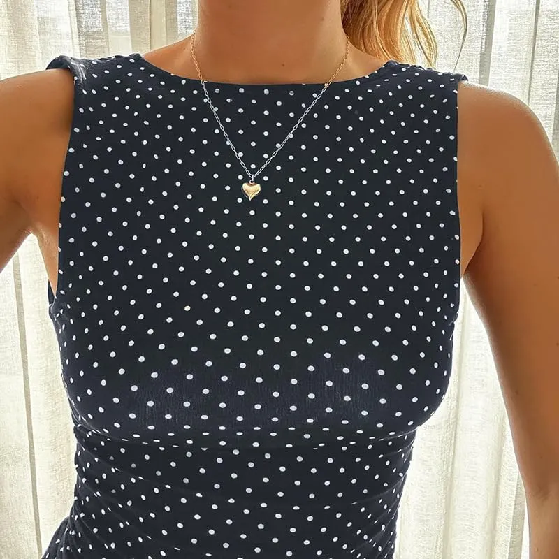 Polka Dot Mini Dress for Women Sleeveless Round Neck Bodycon Flared Hem Casual Summer Outfit 2025