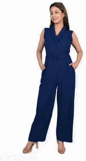 Polyester Lycra Womens Loose Sleeveless Belted Wide Leg Pant Romper Jumpsuit | Air Essentials Jumpsuits for Women | Casual Wide Leg Long Pants Jumpsuit Sleeveless Belted Rompers | Blue | S