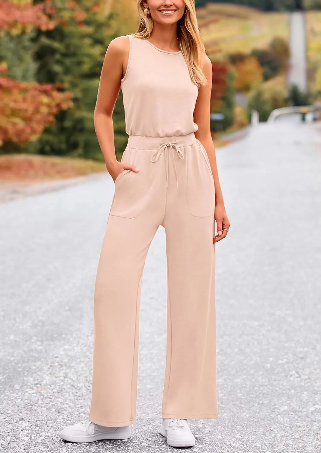PRETTYGARDEN Womens Jumpsuits Summer Casual One Piece Outfits Sleeveless Wide Leg Long Pants Rompers