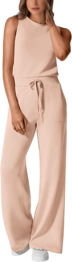 PRETTYGARDEN Womens Jumpsuits Summer Casual One Piece Outfits Sleeveless Wide Leg Long Pants Rompers
