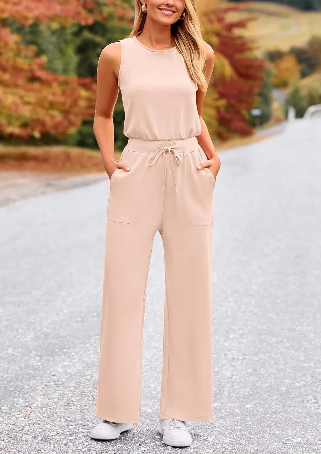 PRETTYGARDEN Womens Jumpsuits Summer Casual One Piece Outfits Sleeveless Wide Leg Long Pants Rompers