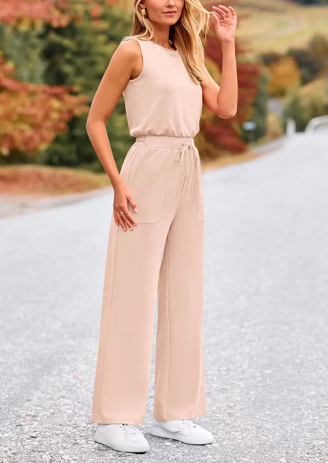 PRETTYGARDEN Womens Jumpsuits Summer Casual One Piece Outfits Sleeveless Wide Leg Long Pants Rompers