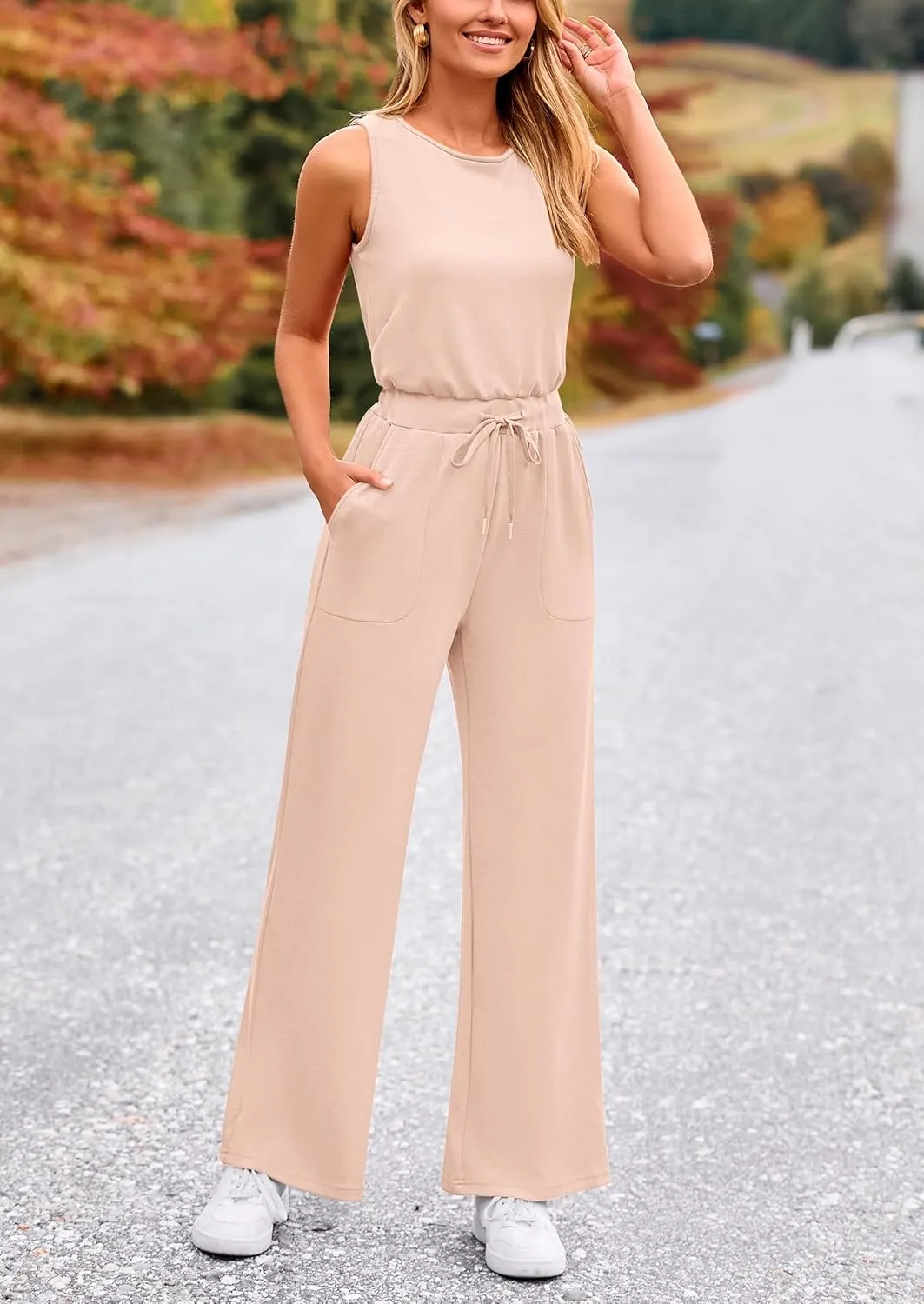PRETTYGARDEN Womens Jumpsuits Summer Casual One Piece Outfits Sleeveless Wide Leg Long Pants Rompers