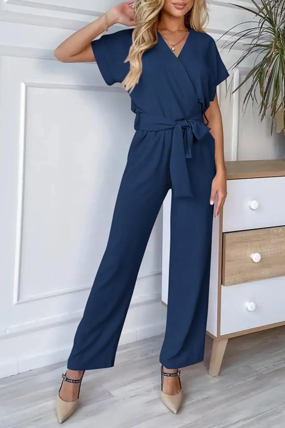 PRETTYGARDEN Women's Summer One Piece Jumpsuits Belted Short Sleeve Wrap V Neck Fashion Dressy Casual Wide Leg Pants Romper