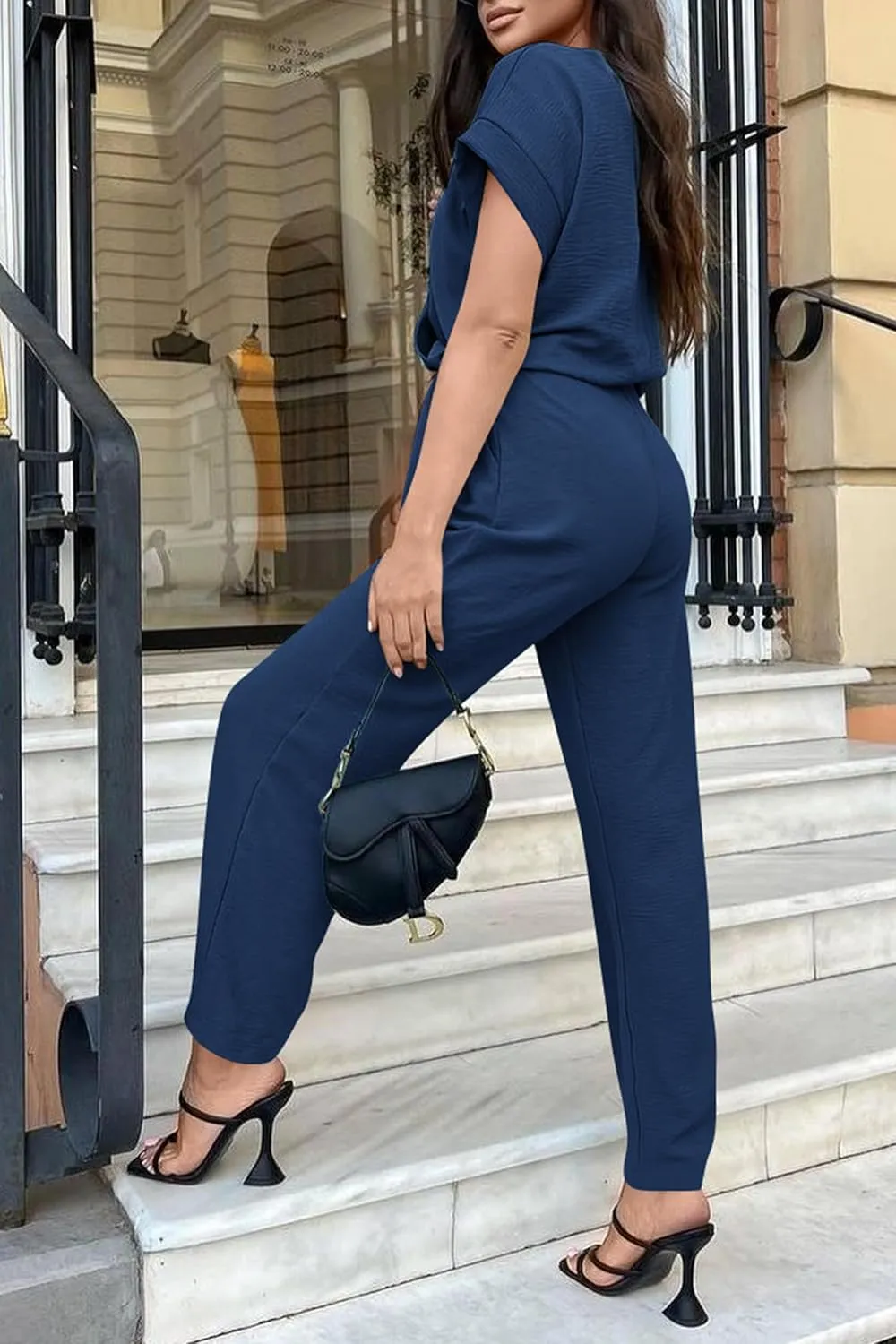 PRETTYGARDEN Women's Summer One Piece Jumpsuits Belted Short Sleeve Wrap V Neck Fashion Dressy Casual Wide Leg Pants Romper