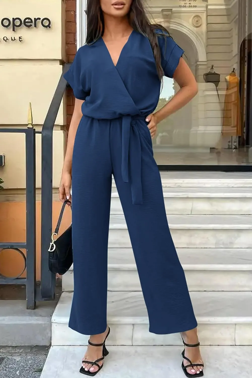 PRETTYGARDEN Women's Summer One Piece Jumpsuits Belted Short Sleeve Wrap V Neck Fashion Dressy Casual Wide Leg Pants Romper