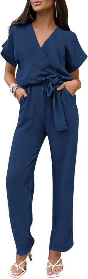 PRETTYGARDEN Women's Summer One Piece Jumpsuits Belted Short Sleeve Wrap V Neck Fashion Dressy Casual Wide Leg Pants Romper