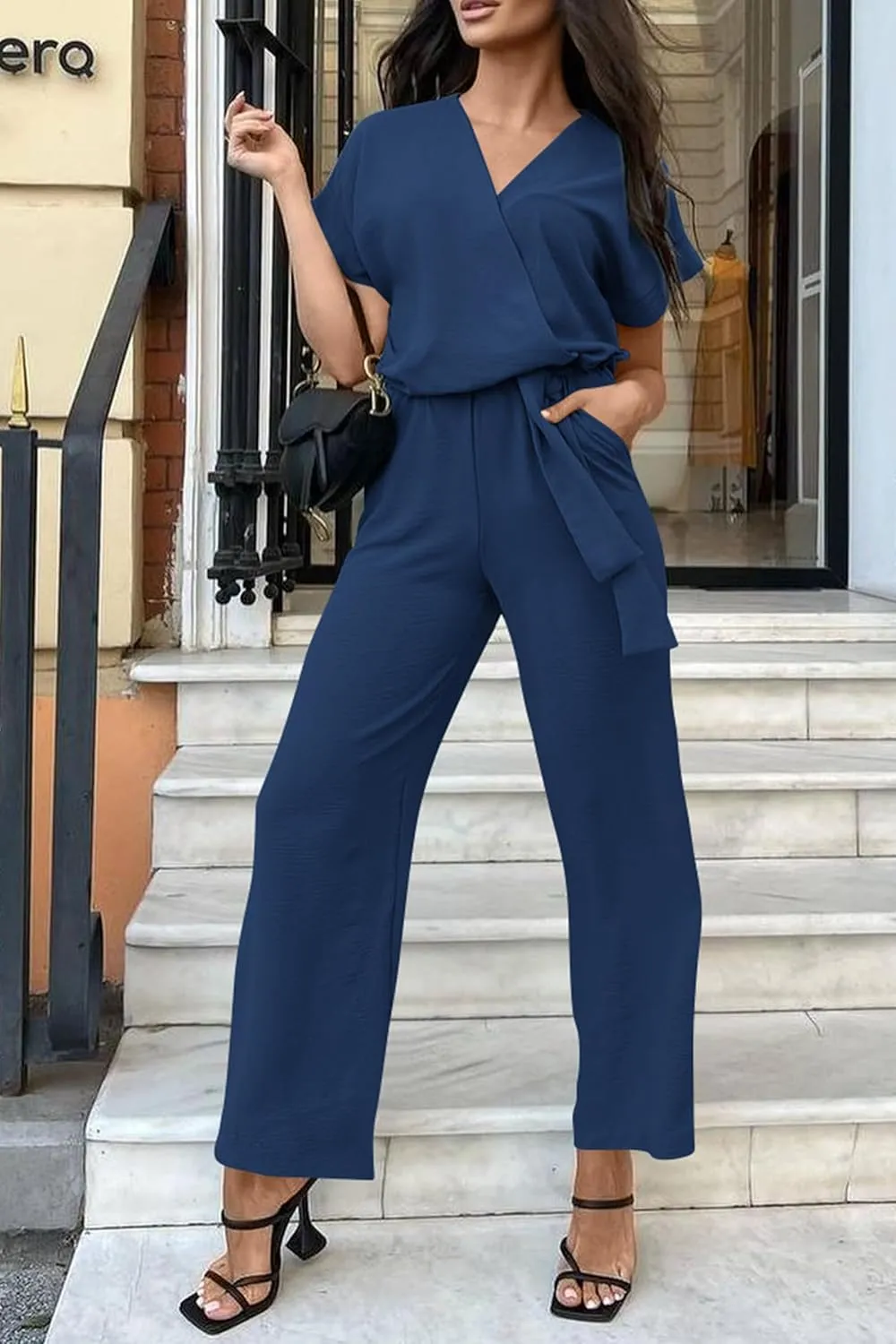 PRETTYGARDEN Women's Summer One Piece Jumpsuits Belted Short Sleeve Wrap V Neck Fashion Dressy Casual Wide Leg Pants Romper