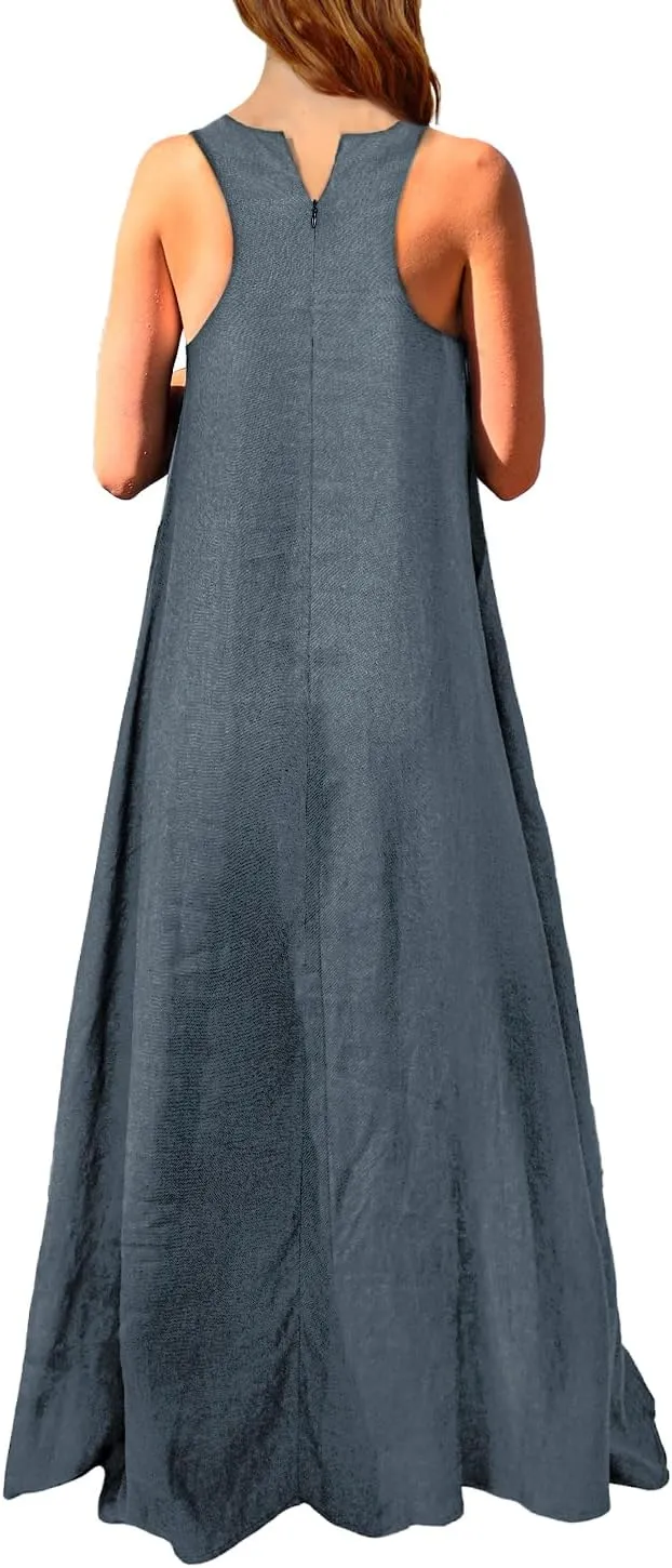 Rainday Women's Linen Dress Sleeveness Loose Dresses Casual Maxi Dress with Pockets