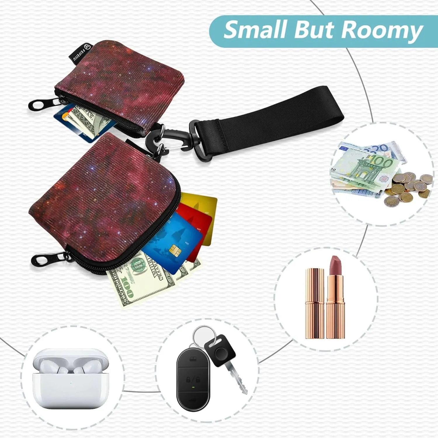 Red Galaxy Dual Wristlet Wallets for Women Mini Fashion Coin Purse Change Holder with Wristle Strap for Women Men 2 Packs