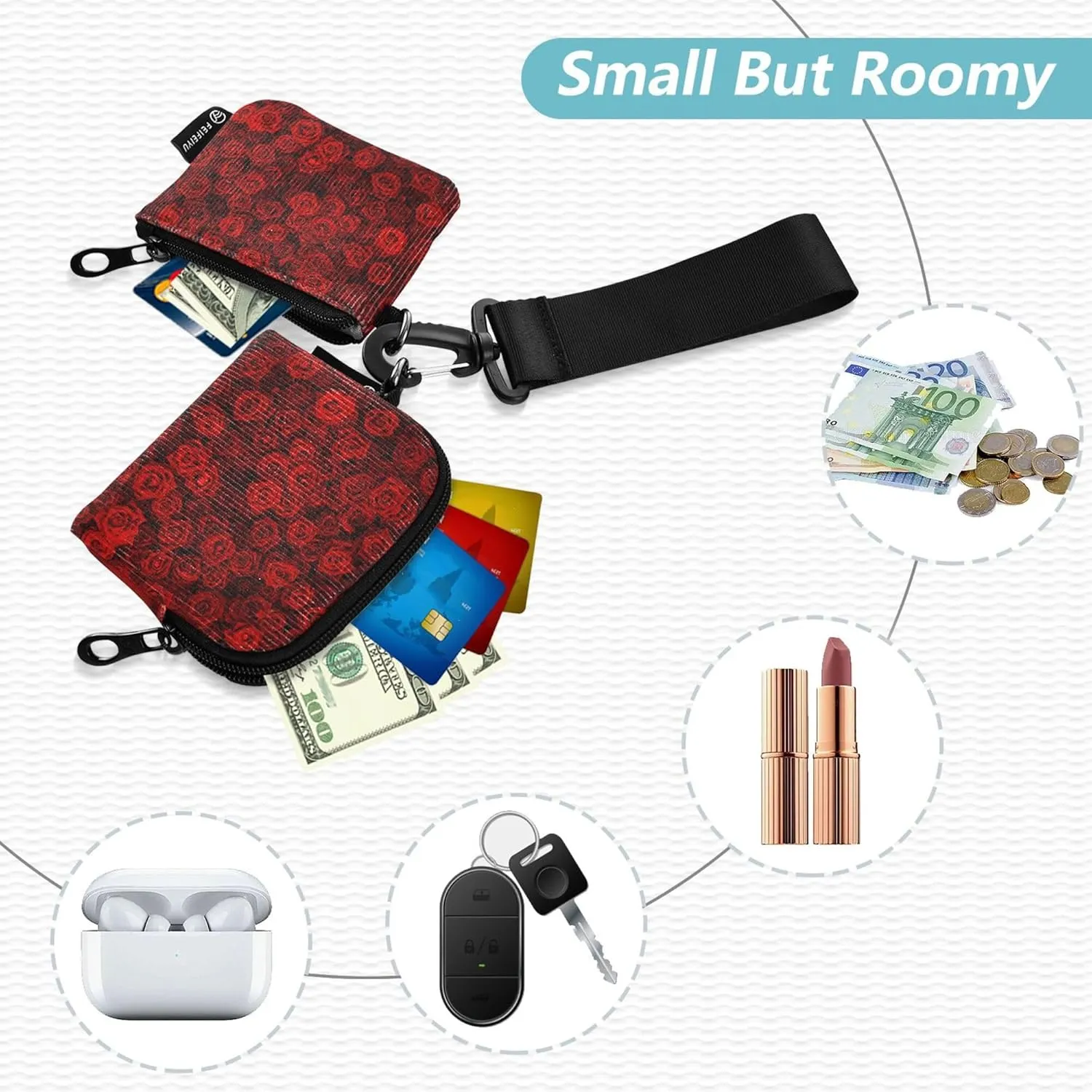 Red Roses Dual Wristlet Wallets for Women Compact Size Wristlet Wallet Key Holder with Zipper Coin Pocket for Men Women 2 Packs