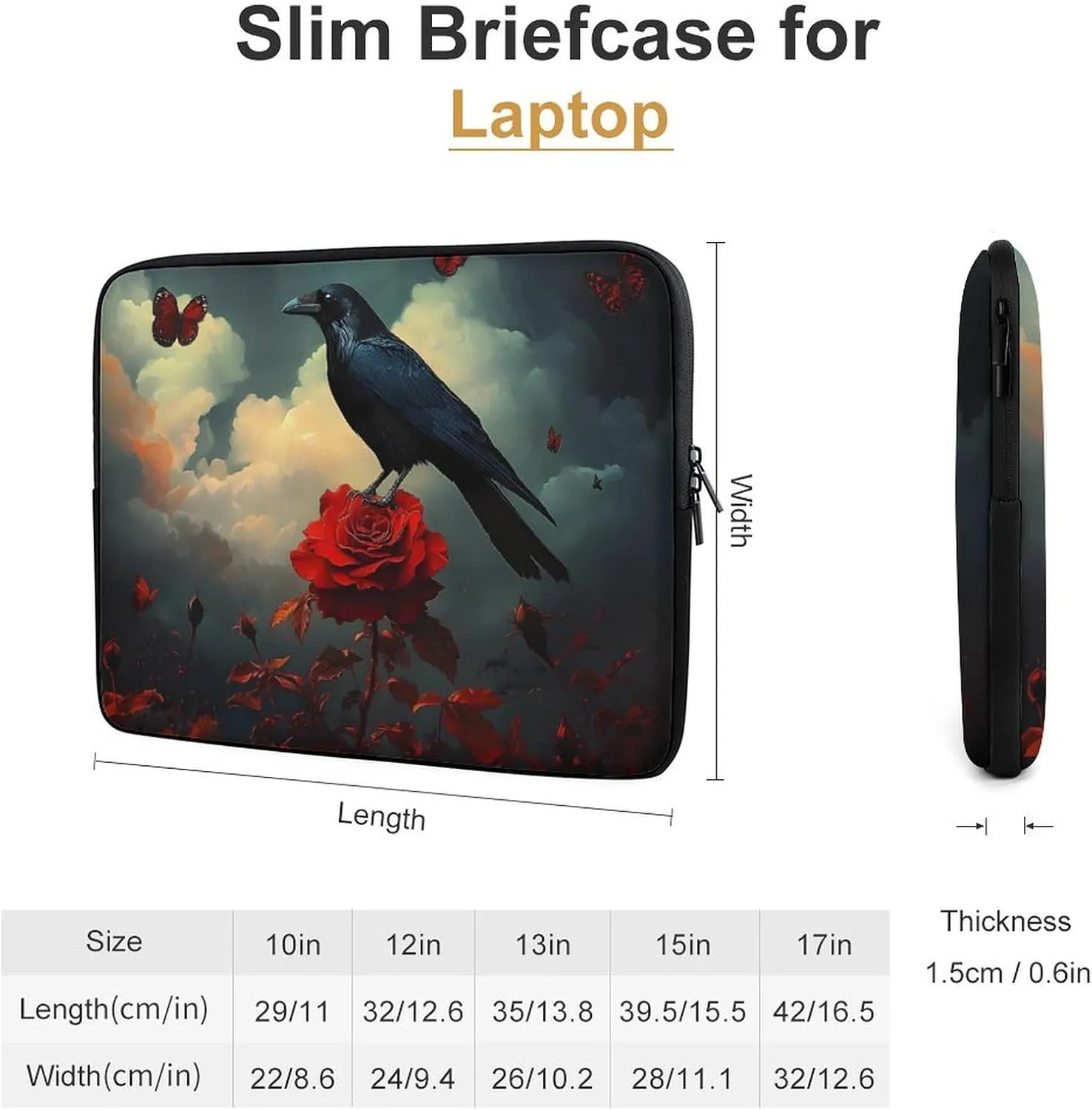 Romantic Rose Halloween Crow Laptop Case Sleeve Bag 15inch Durable Shockproof Protective Computer Carrying Cover Briefcase