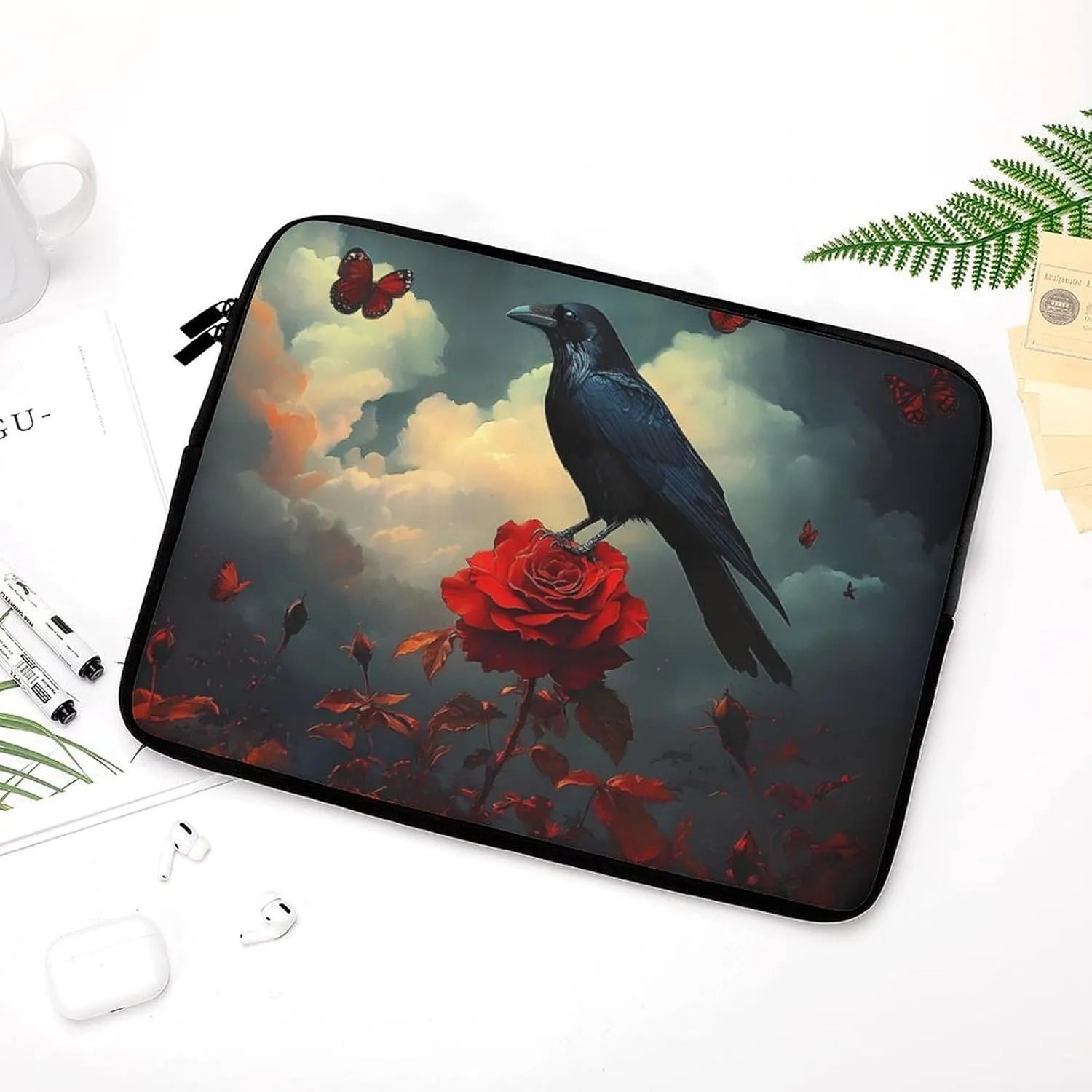 Romantic Rose Halloween Crow Laptop Case Sleeve Bag 15inch Durable Shockproof Protective Computer Carrying Cover Briefcase