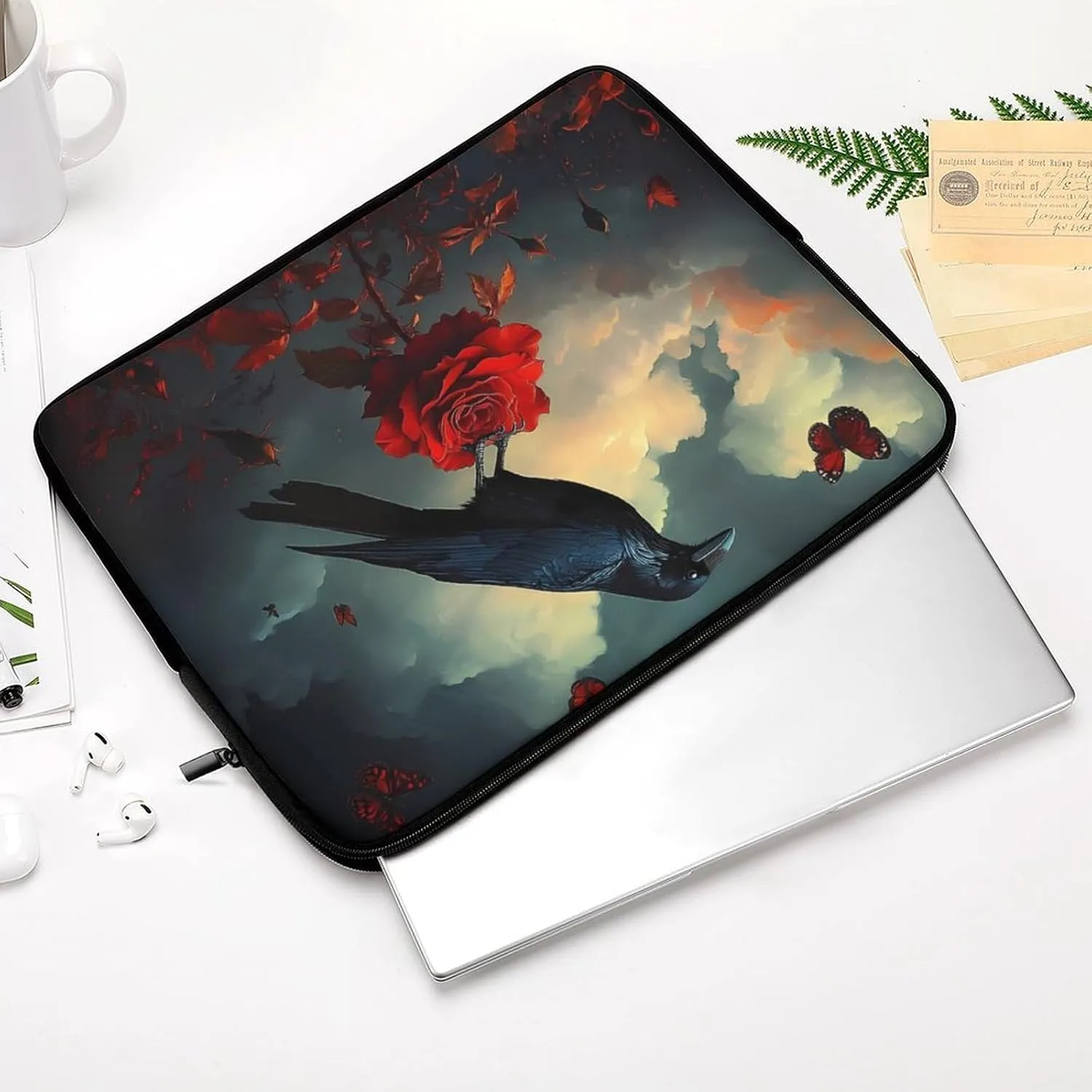Romantic Rose Halloween Crow Laptop Case Sleeve Bag 15inch Durable Shockproof Protective Computer Carrying Cover Briefcase