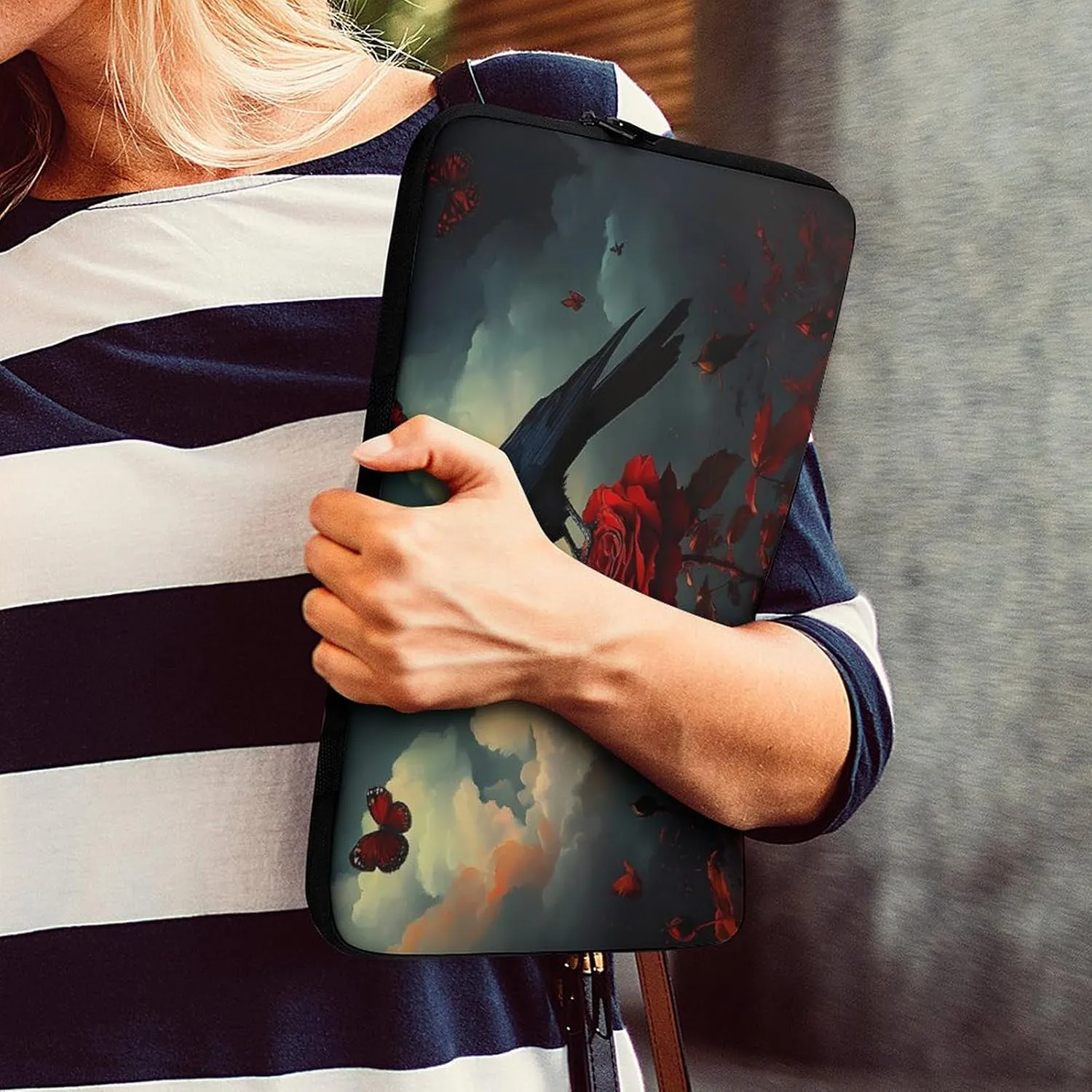 Romantic Rose Halloween Crow Laptop Case Sleeve Bag 15inch Durable Shockproof Protective Computer Carrying Cover Briefcase