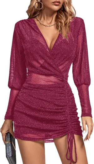 Rooscier Women's Sheer Mesh Glitter Wrap V Neck Long Sleeve Ruched Drawstring Bodycon Mini Dress