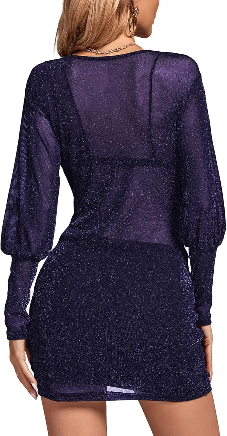 Rooscier Women's Sheer Mesh Glitter Wrap V Neck Long Sleeve Ruched Drawstring Bodycon Mini Dress