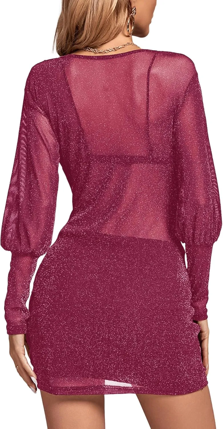 Rooscier Women's Sheer Mesh Glitter Wrap V Neck Long Sleeve Ruched Drawstring Bodycon Mini Dress