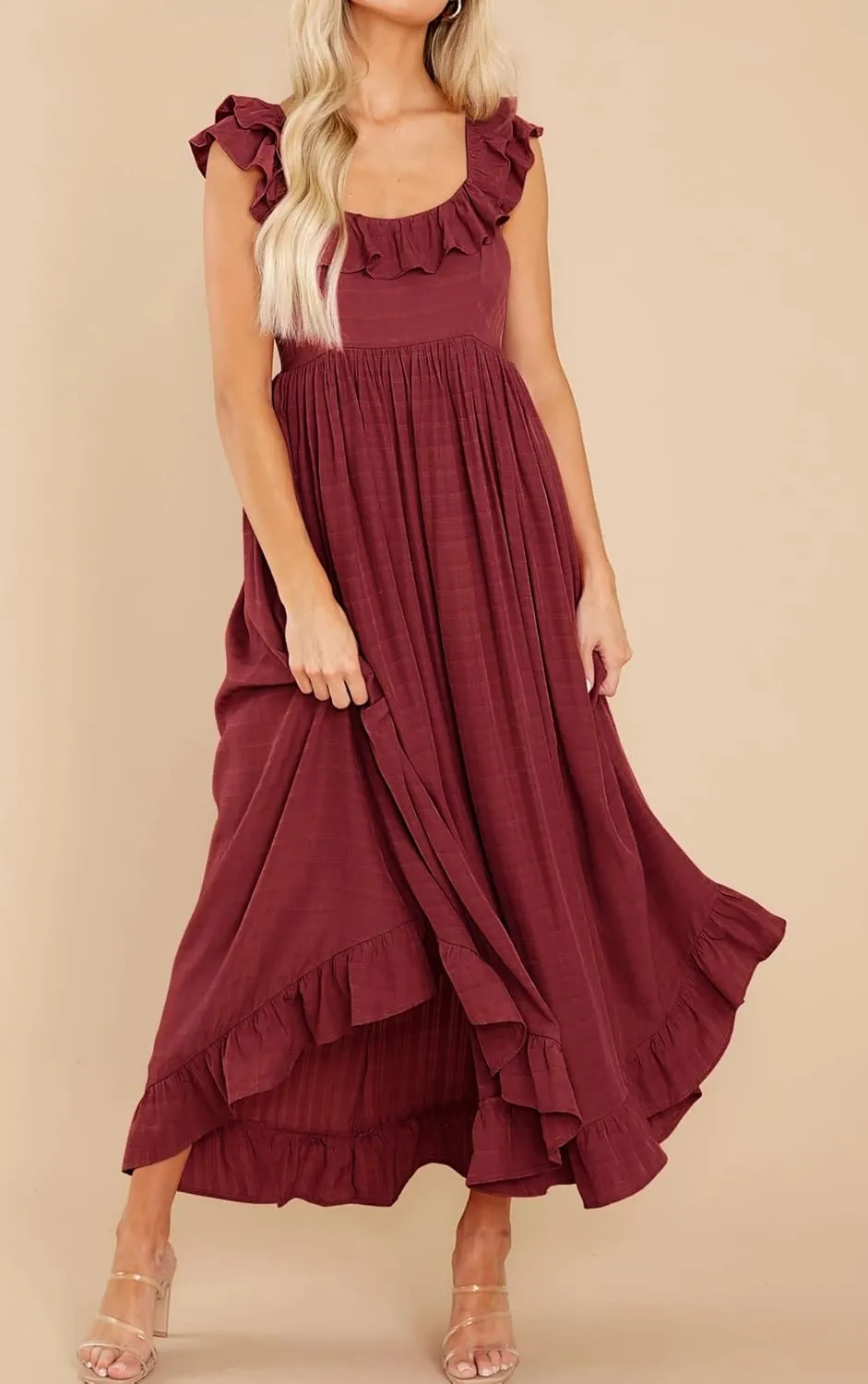 R.Vivimos Summer Dress for Women Sleeveless Boho Ruffle Square Neck Tie Back Casual Backless Flowy Midi Dress