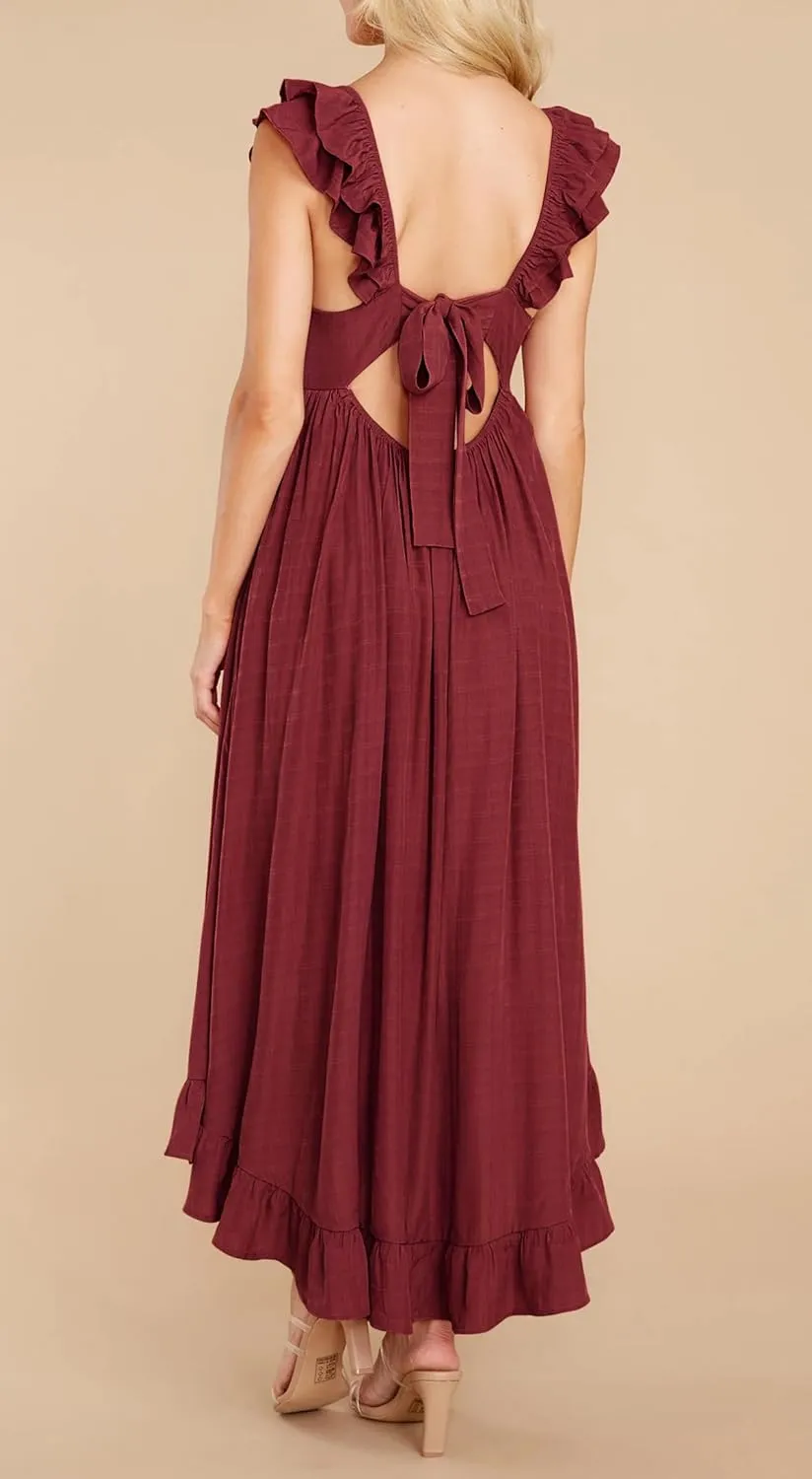 R.Vivimos Summer Dress for Women Sleeveless Boho Ruffle Square Neck Tie Back Casual Backless Flowy Midi Dress