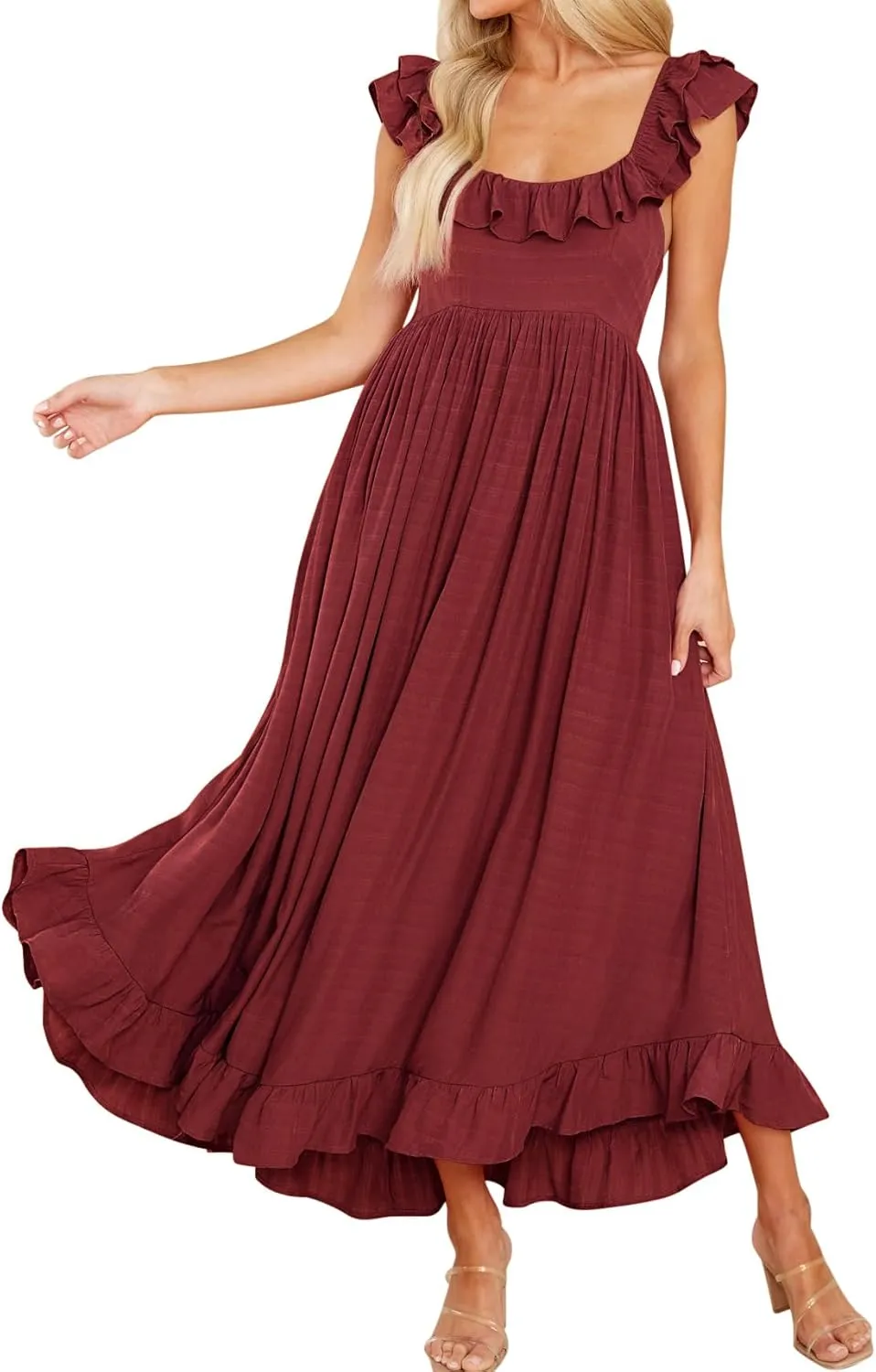 R.Vivimos Summer Dress for Women Sleeveless Boho Ruffle Square Neck Tie Back Casual Backless Flowy Midi Dress