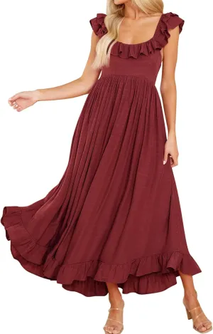 R.Vivimos Summer Dress for Women Sleeveless Boho Ruffle Square Neck Tie Back Casual Backless Flowy Midi Dress