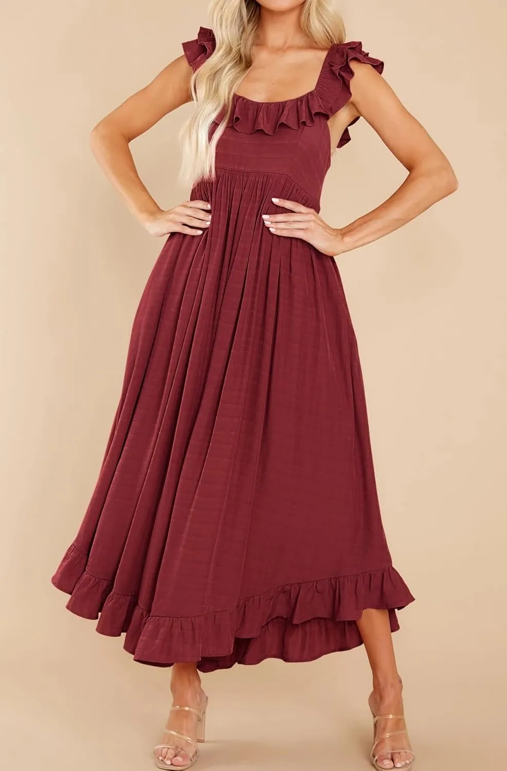 R.Vivimos Summer Dress for Women Sleeveless Boho Ruffle Square Neck Tie Back Casual Backless Flowy Midi Dress
