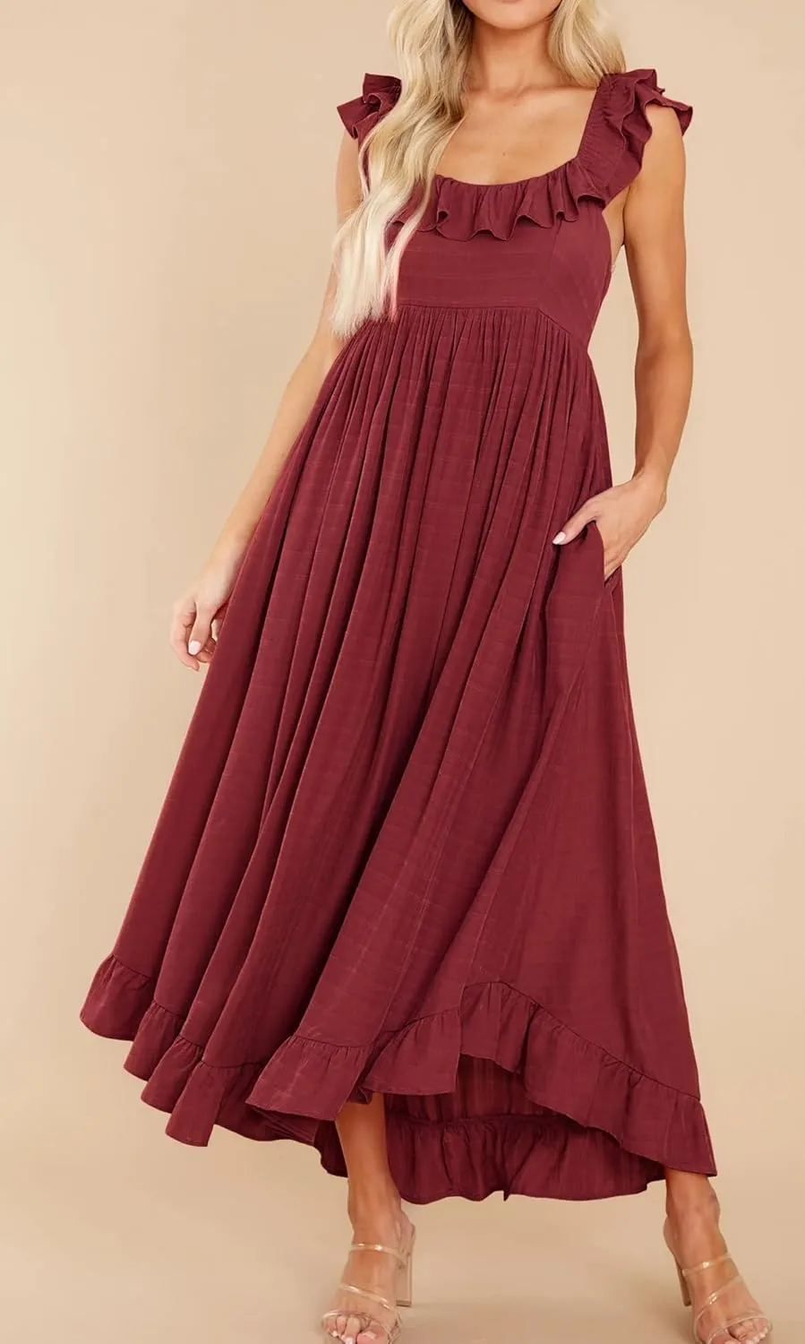 R.Vivimos Summer Dress for Women Sleeveless Boho Ruffle Square Neck Tie Back Casual Backless Flowy Midi Dress
