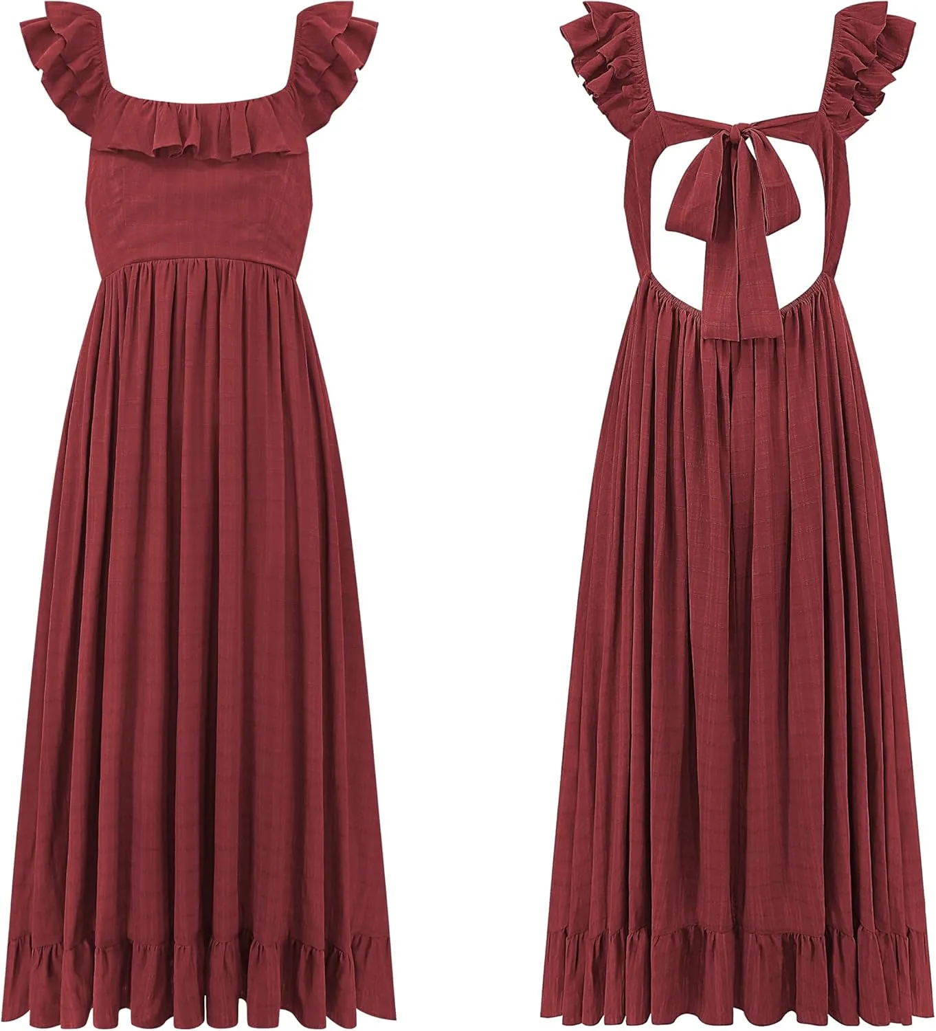 R.Vivimos Summer Dress for Women Sleeveless Boho Ruffle Square Neck Tie Back Casual Backless Flowy Midi Dress