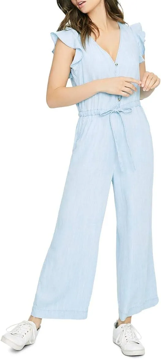 Sanctuary Womens Mica Wide Leg Ruffle Sleeve Jumpsuit Blue M