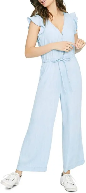 Sanctuary Womens Mica Wide Leg Ruffle Sleeve Jumpsuit Blue M