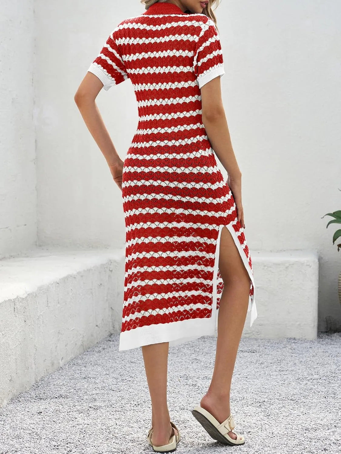 Saodimallsu Womens Striped Summer Dresses V Neck Collared Short Sleeve Loose Knit Slit Midi Sweater Dress