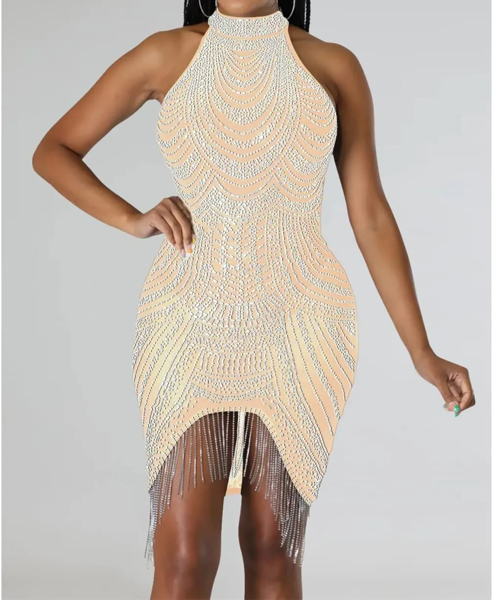 Sexy Dress for Women Party Club Night Stretchy Sheer Mesh Sparkly Rhinestone Mini Bodycon Vesitdos